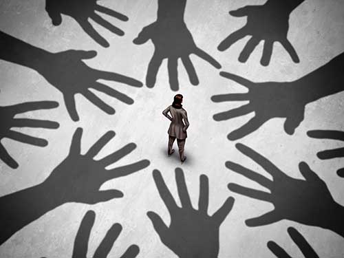 graphic of several hand shadows and a woman standing in the middle